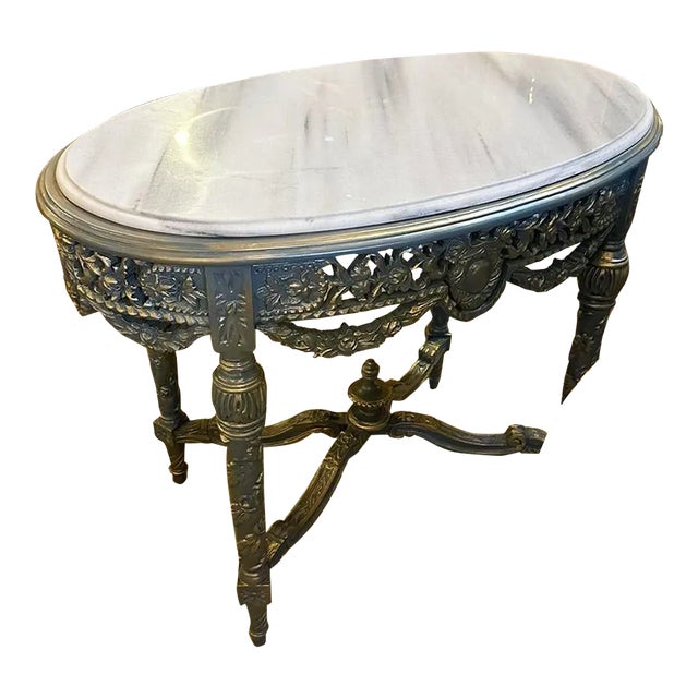 Italian Rococo Style Blue Oval Marble Topped Small Side Table For Sale