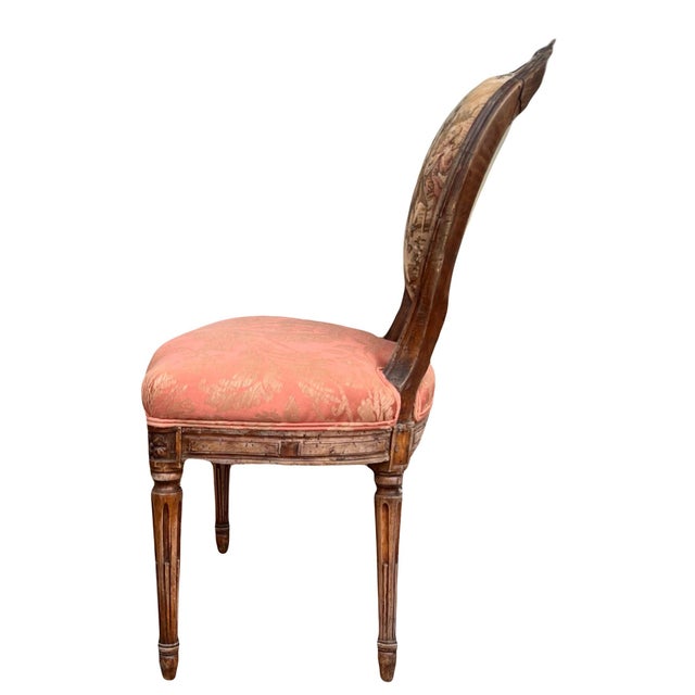 French Antique 19th Century French Louis XVI Style Bergere Parlor Chair in Pink Jacquard Fabric and Pictoral Tapestry Backrest For Sale - Image 3 of 9