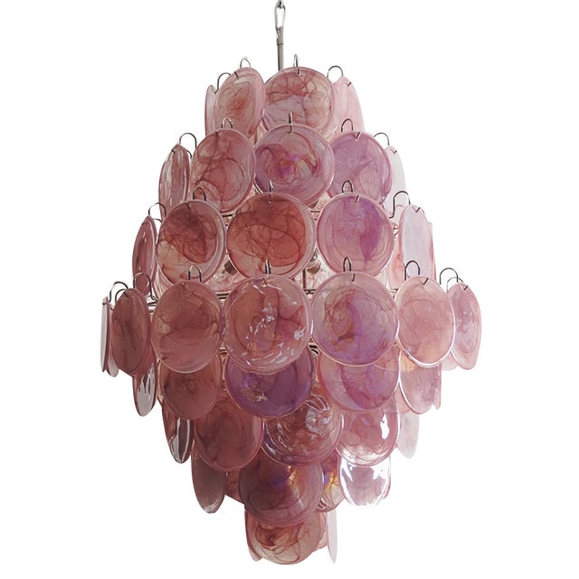 Large Vintage Italian Murano Chandelier with Pink Alabaster Disks, 1990s For Sale