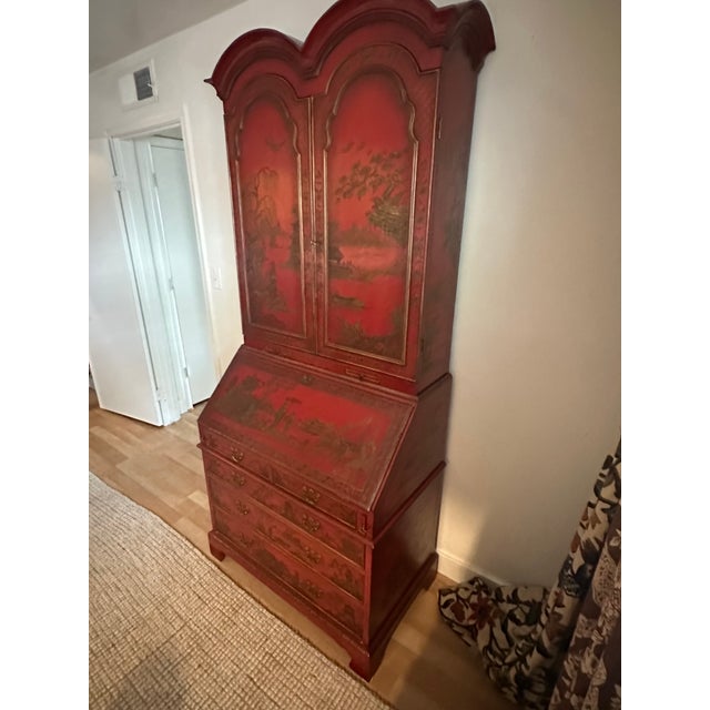 Vintage Red Chinoiserie Secretary Desk With Hand-Painted Gilt Asian Landscapes & Double Bonnet Top For Sale - Image 11 of 15