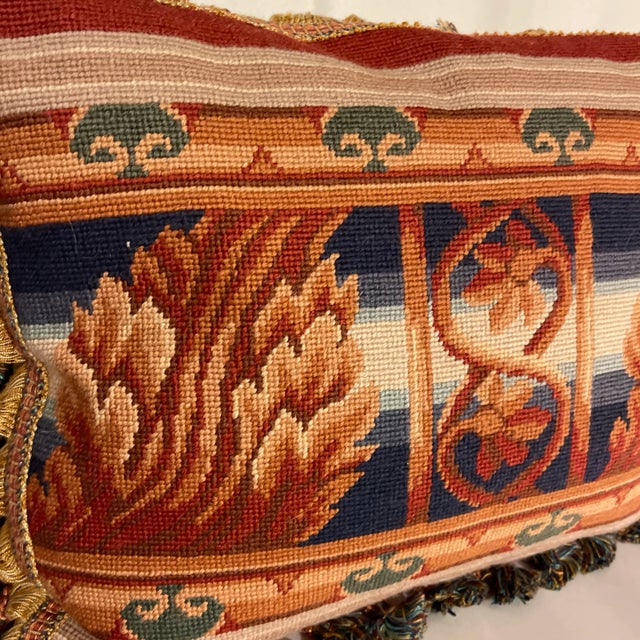 Beautiful antique French Aubusson tapestry needlepoint pillow. Rectangle with tassel fringe. Stripes with acanthus and a...