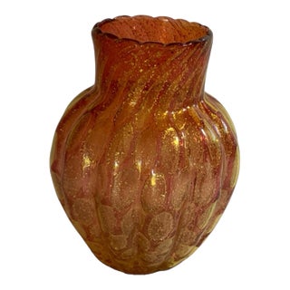 Vintage Murano Art Glass Ribbed Vase Attrib. To Barovier & Toso Cordonato d'Oro & Zebrati Gold Fleck Pink Amber Glass MCM Italy 1950s For Sale