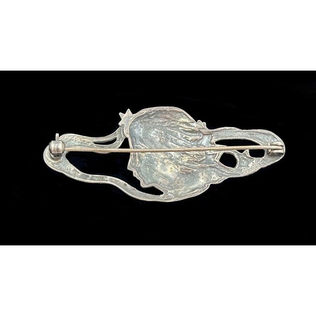 Art Nouveau Art Nouveau Sterling Silver Dreamy Lady Stars Brooch Profile Girl Hair 925 For Sale - Image 3 of 4