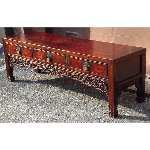 Chinese Chinese Rouge Lacquered and Carved Elmwood Kang Table, Circa 1850s For Sale - Image 3 of 10