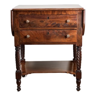 Antique Federal Mahogany Two Drawer Work Stand With Lions Head Pulls C. 1820 For Sale