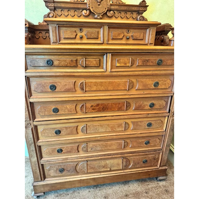 Antique American Burl Walnut Lock Side Eastlake Highboy Chest of Drawers 1870 For Sale In San Diego - Image 6 of 9