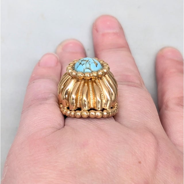 Vintage 1960s Signed Napier Goldtone Faux-Turquoise Adjustable Cocktail Ring For Sale - Image 9 of 14