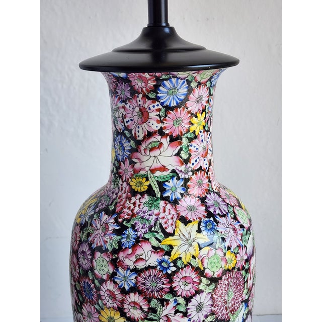 Paint Vintage Chinese Famile Noire Mille Fleurs Large Table Lamps For Sale - Image 7 of 12