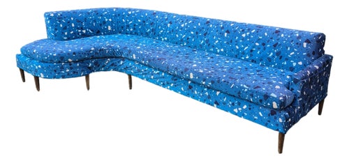MCM Cerulean Blue Terrazzo Print Velvet Serpentine Sofa 108