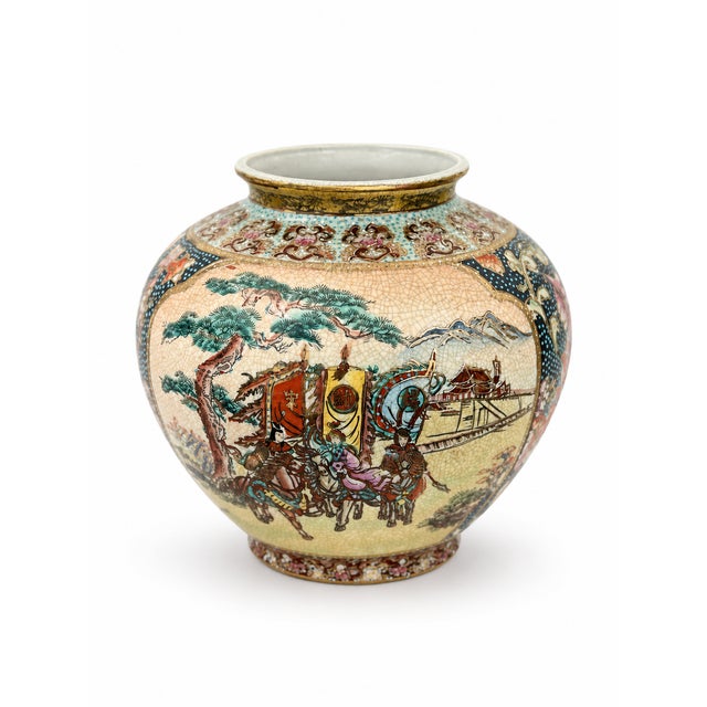 Satsuma Vintage Japanese Satsuma Vase With Moriage Floral & Figural Warrior Panels, Made in Japan For Sale - Image 4 of 6
