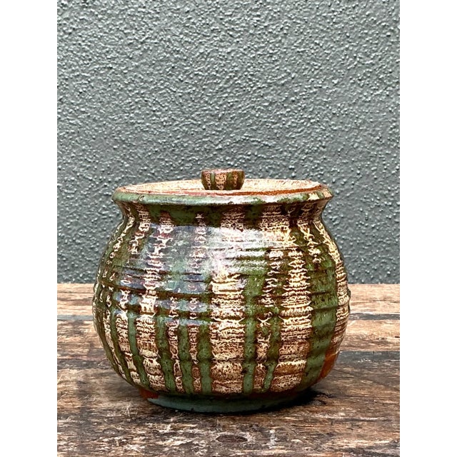 Green Vintage Textured Pottery Lidded Jar For Sale - Image 8 of 12
