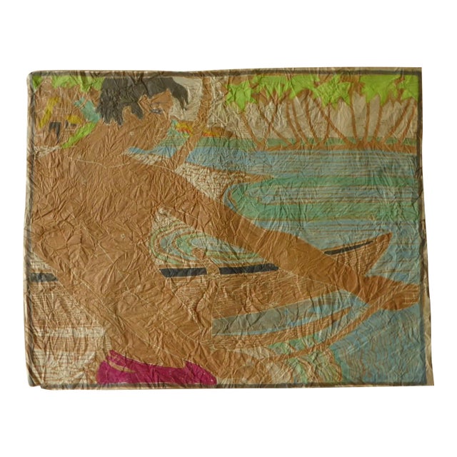 Tropical Modern Watercolor/ Handmade Paper "Hauling in the Net" Tahiti 1950s For Sale