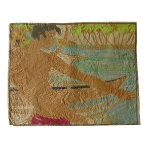 Tropical Modern Watercolor/ Handmade Paper "Hauling in the Net" Tahiti 1950s