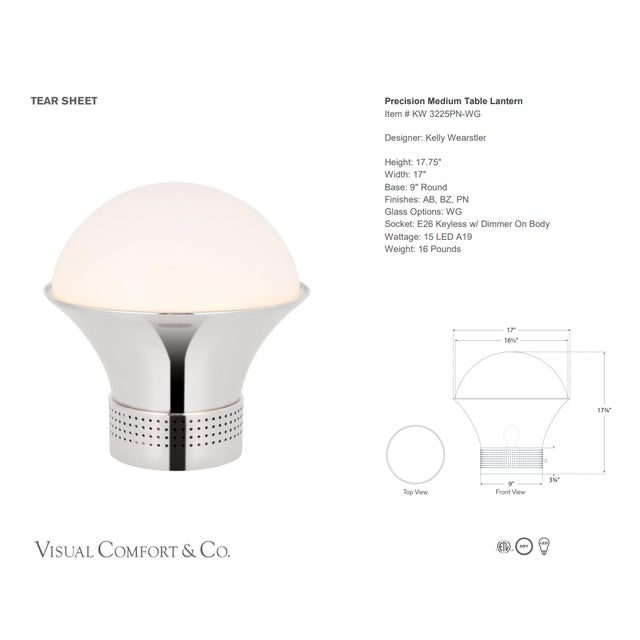 Kelly Wearstler by Visual Comfort Signature Precision Medium Table Lantern in Polished Nickel with White Glass Designer:...