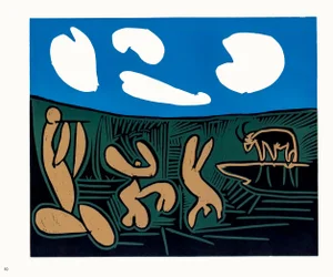 1962 Pablo Picasso Linocut Engraving "Bacchanal With Four Clouds"