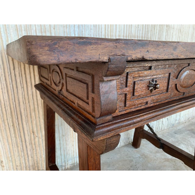 Spanish 1880s Walnut Side Table or Lady Desk, Carved Legs and Iron Stretcher For Sale - Image 11 of 13