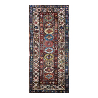 Antique Caucasian Kazak Runner, Handwoven Wool, Medallion Geometric Design, 4' x 10' For Sale