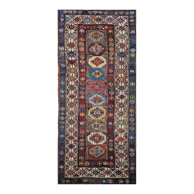 Antique Caucasian Kazak Runner, Handwoven Wool, Medallion Geometric Design, 4' x 10' For Sale