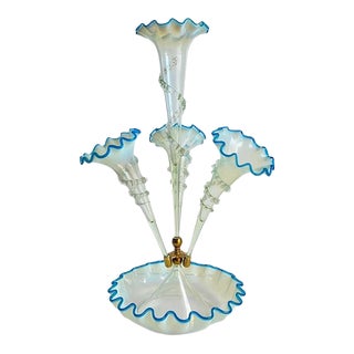 Victorian Epergne Blue Vaseline Glass Antique Ruffle Art Glass Vase For Sale