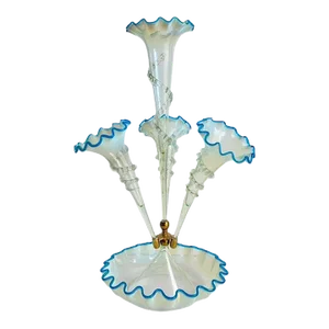 Victorian Epergne Blue Vaseline Glass Antique Ruffle Art Glass Vase