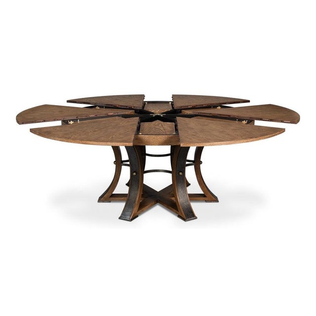 Brown Large Round Dining Table in Light Brown Oak With Iron Base For Sale - Image 8 of 11