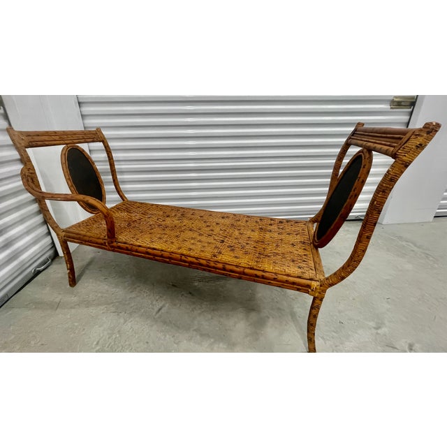 Mid-Century Modern Mid-Century Bohemian Burnt Rattan Daybed Bench With Authentic Hand-Woven Cane Seat For Sale - Image 3 of 18