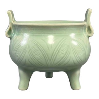 Chinese Longquan Celadon Tripod Censer, Twin Handles Incense Burner For Sale