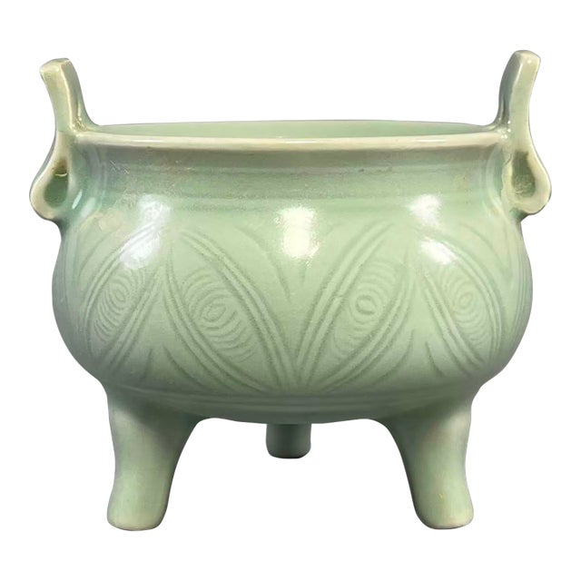 Chinese Longquan Celadon Tripod Censer, Twin Handles Incense Burner For Sale
