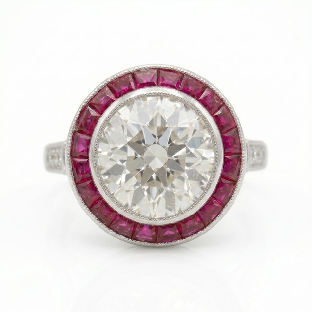 Vintage Platinum 3.17cts Old European Cut Diamond and 1.19cts Ruby Halo Ring, Size 6.5 For Sale - Image 11 of 12