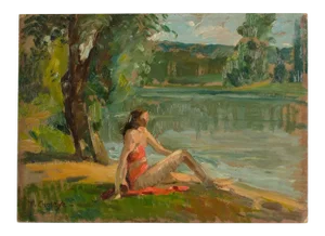 Early 20th Century "Red Bikini" Figurative Oil Painting by Jean Chaleye