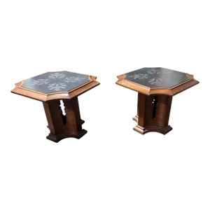 1960s Pair of Drexal Spanish Mediterranean Bunching Side Tables With Slate Top