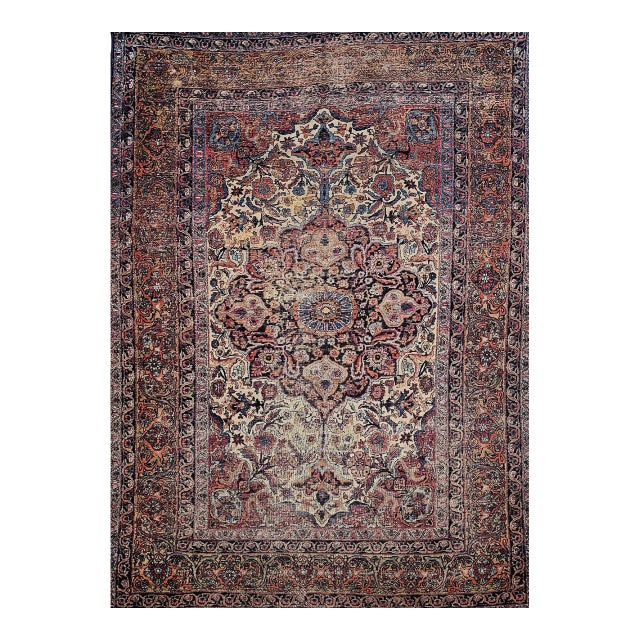 19th Century Persian Kashan Rug, Hand-Knotted Wool, Floral Pattern, Ivory & Saffron,5x7 For Sale
