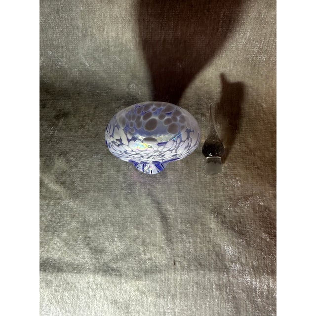 Vintage Royal Limited Crystal Blue White Feathered Opalescent Luster Perfume Bottle With Stopper For Sale - Image 4 of 7