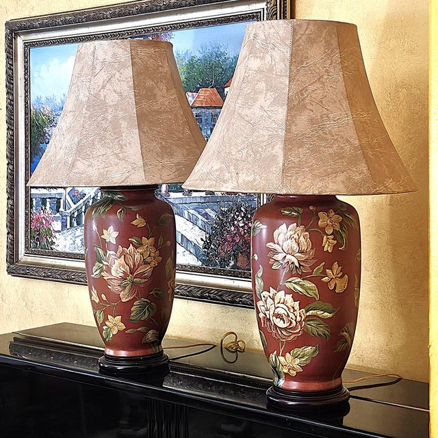Vintage Burgundy Floral Chinoiserie Ceramic Ginger Jar Table Lamps With Shades - Pair For Sale - Image 12 of 18