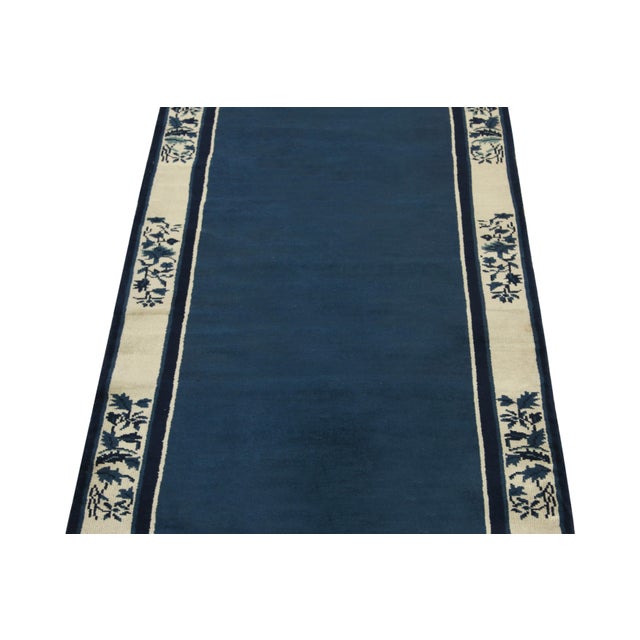 Rug & Kilim Rug & Kilim’s Vintage Twin Runner Rugs, Blue Open Field With Cream Floral Border For Sale - Image 4 of 5