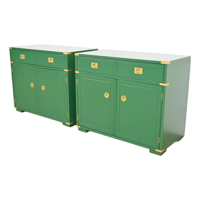 Thomasville Mid-Century Hollywood Regency Campaign Green Lacquered Bar Cabinets, Newly Refinished For Sale
