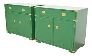 Thomasville Mid-Century Hollywood Regency Campaign Green Lacquered Bar Cabinets, Newly Refinished