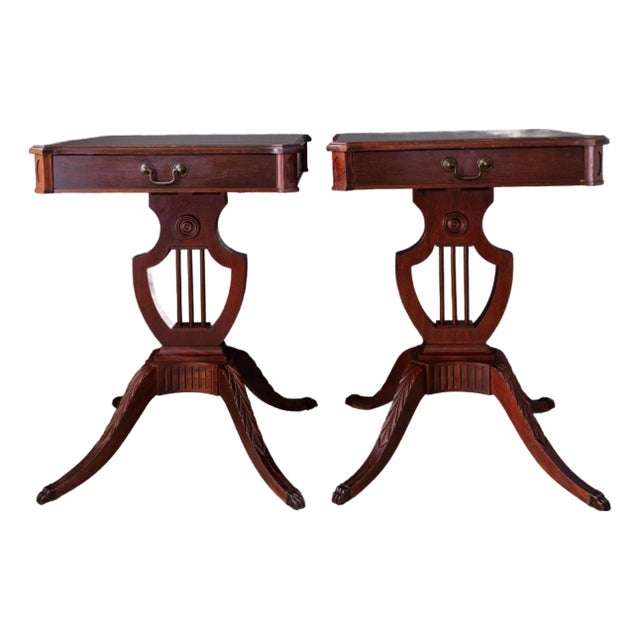 Set of Mersman Harp and Lyre Mahogany SideTables With Brass Feet and Drawers For Sale