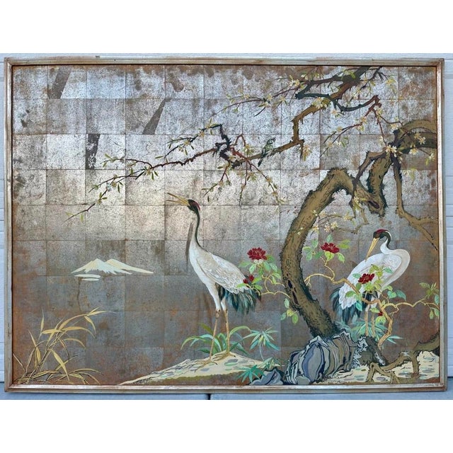 1920s Large Japanese Chinoiserie Crane Painting on Wood Panel W/ Silver, Gold, & Copper Leaf — Art Deco Framed For Sale - Image 12 of 18