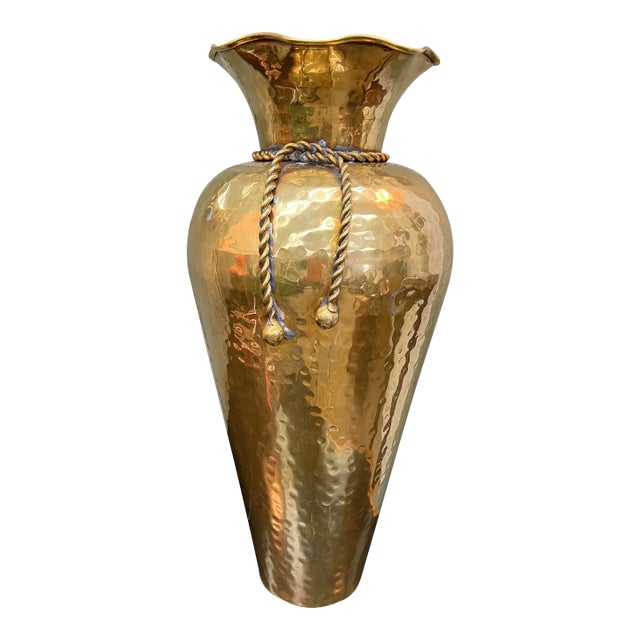 Vintage Large Solid Brass Urn With Rope Detailing For Sale