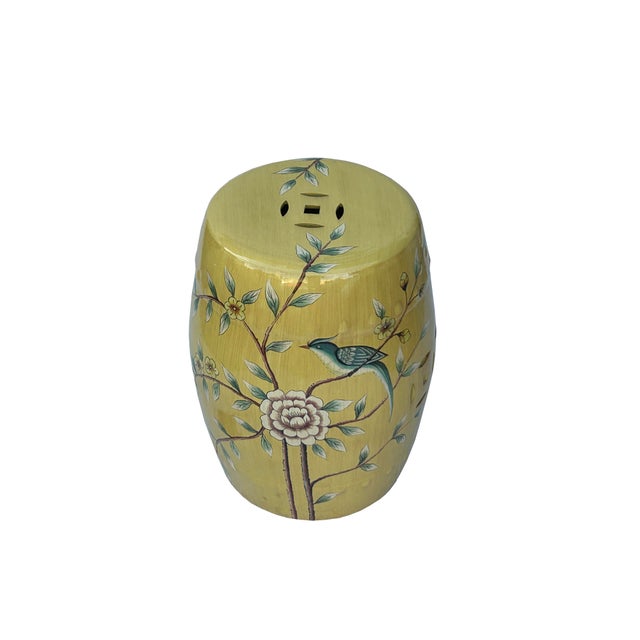 Yellow Distressed Yellow Porcelain Flower Birds Round Barrel Stool Table For Sale - Image 8 of 8