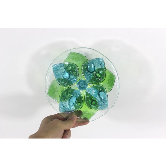 Vintage Art Glass Bubble Bowl Green Blue Flower For Sale - Image 6 of 9