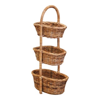 19th Century French Handwoven Tree-Tier Wicker Basket From Normandy For Sale