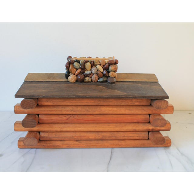 Vintage handmade rustic log cabin tissue box cover with stone chimney. No makers mark. Minor age wear.