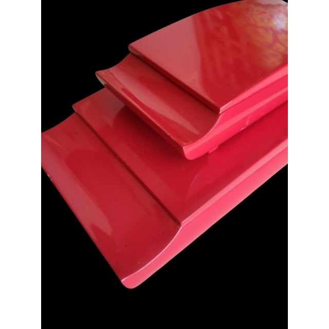 Wood Vintage Red Lacquered Pagoda Chinoiserie Shaped Chinese Red Storage Boxes Set 2 For Sale - Image 7 of 9