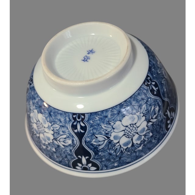 Japanese Vintage Blue & White Porcelain Floral Japanese Asian Serving Bowls, Marked- a Pair For Sale - Image 3 of 7