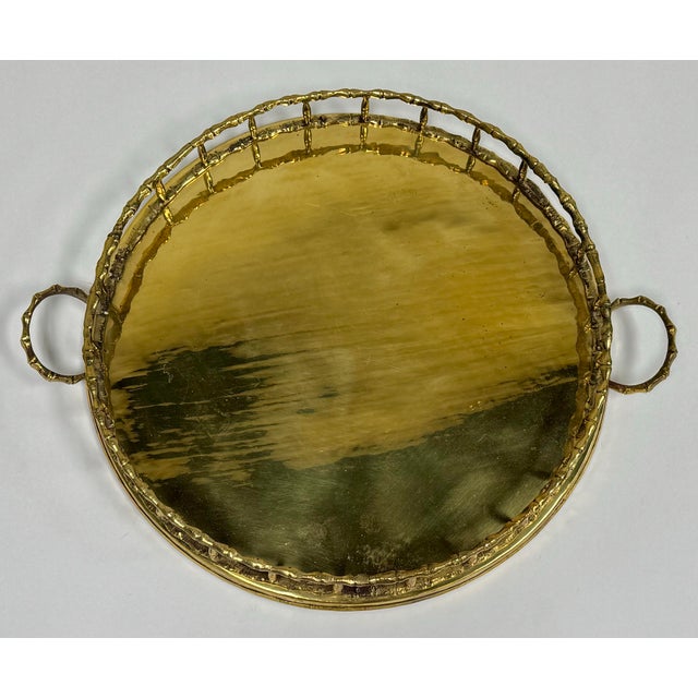 Vintage Round Brass Faux Bamboo Rail Gallery Tray For Sale - Image 4 of 7
