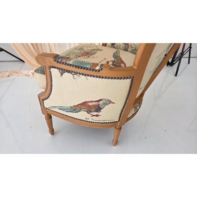 Beige 1980s French Louis XVI Style Armchair With Upholstered Bird Tapestry Fabric For Sale - Image 8 of 15