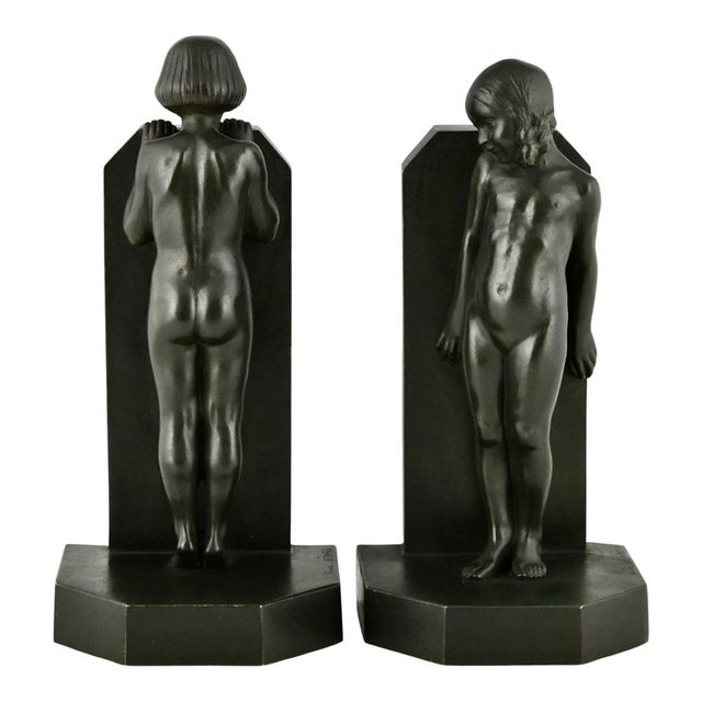Art Deco Bronze Bookends with Children by Raoul Benard, 1930, Set of 2 For Sale - Image 3 of 12