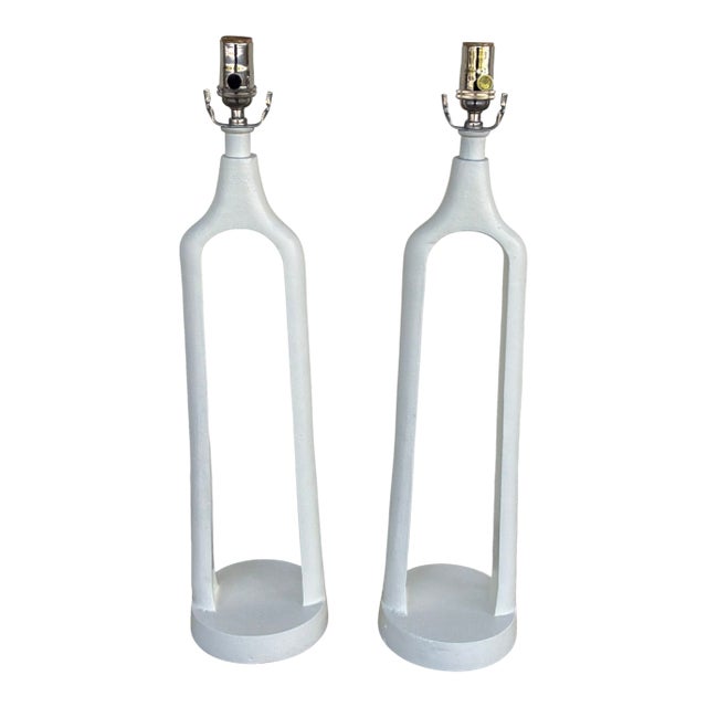 Currey & Co Modern Tall Metal Lamps White Finish - Pair. For Sale